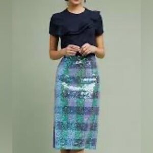 Anthropologie Maeve Sequined midi skirt in a blue & green check pattern